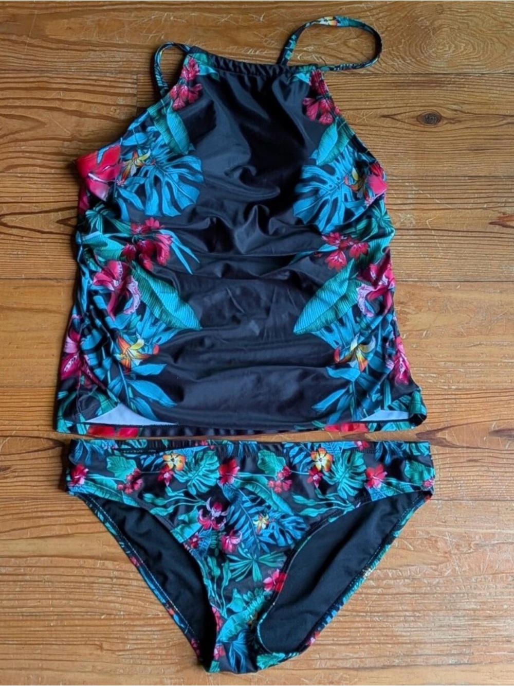 Black Tropical Floral High-Neck Tankini Set